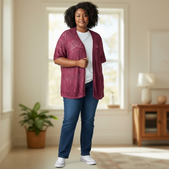 CJ Banks Plus Size 4X Open Front Kimono‎ Cardigan Duster Sweater Berry Red Knit - Picture 7 of 7